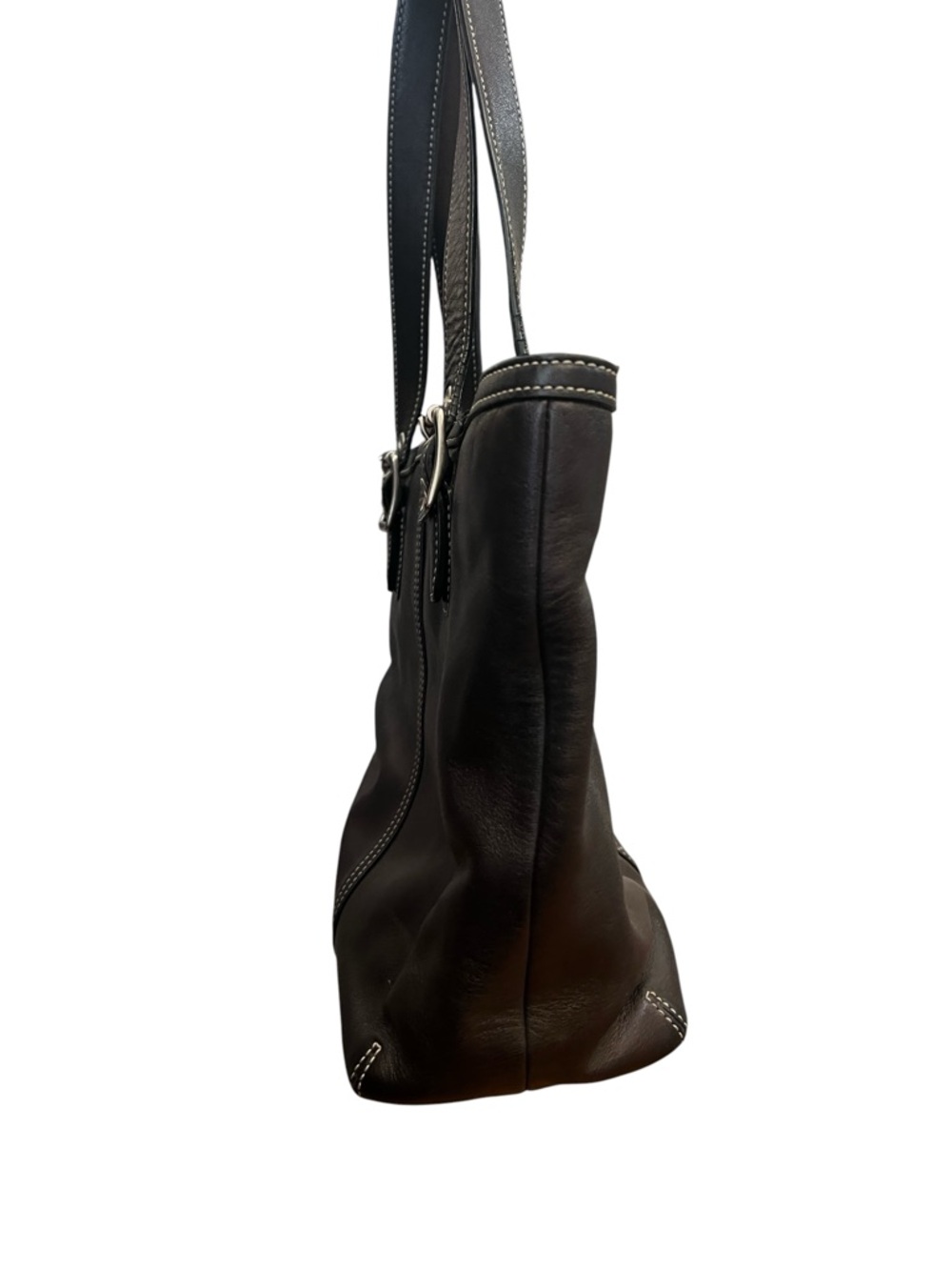 Coach Vintage Hampton Brown Bronze Leather Contrast Stitch Buckle Shoulder Tote - Picture 3 of 13